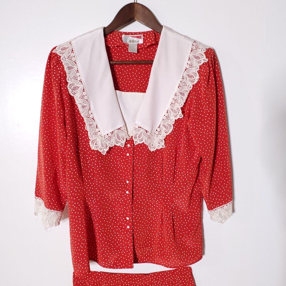 80s 70s Vintage Polka-Dot Lace Shawl Collar Skirt Set 2 Piece - Picture 4 of 15